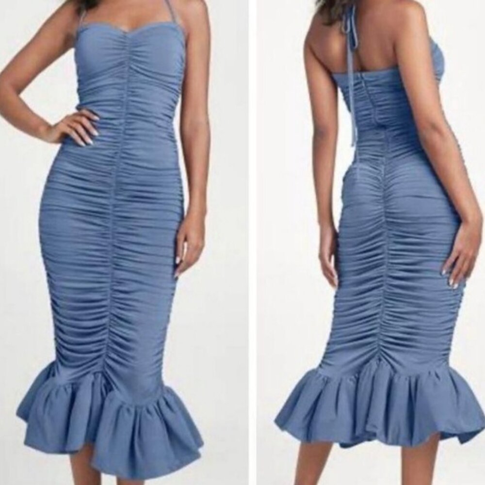 NWOT Venus Sexy Ruched Blue Bodycon Strapless Halter Dress S